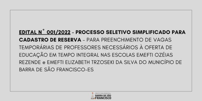 EDITAL Nº 001/2022 - PROCESSO SELETIVO SIMPLIFICADO PARA CADASTRO DE RESERVA
                                    
                                
                                30 de dezembro de 2022